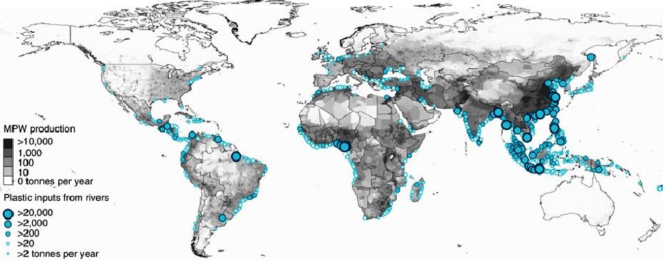 Laurent Lebreton map of the world showing plastic waste from rivers