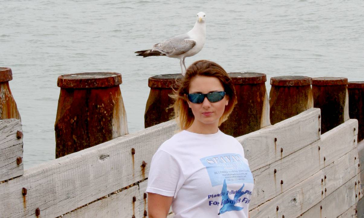 Monika and an inquisitive seagull wonder at the meaning of life