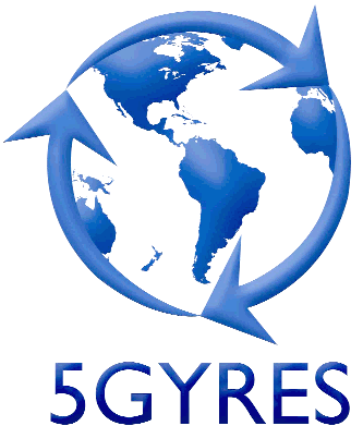 5 Gyres blue planet and circular arrows logo