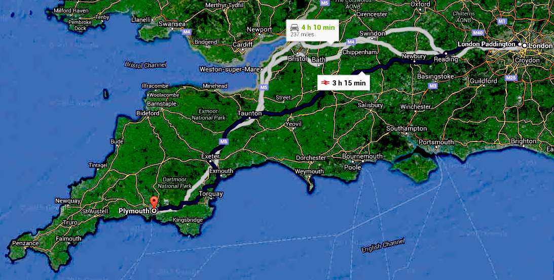 Travel map London to Plymouth city