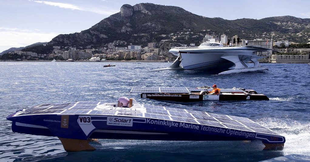 Solar boat racing at Monaco harbour and offshore