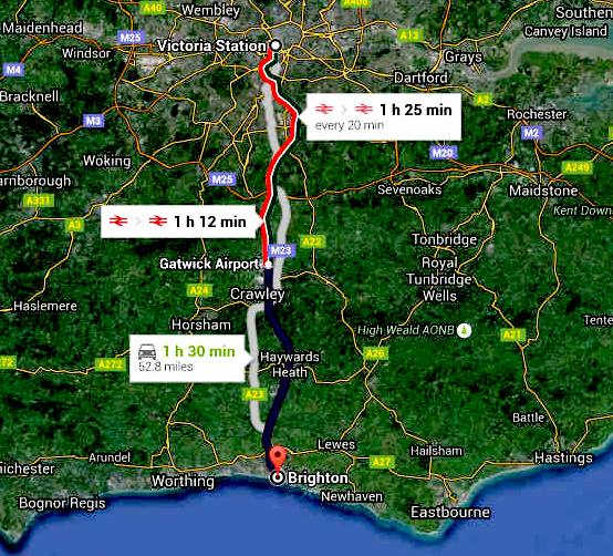 Road map London to Brighton
