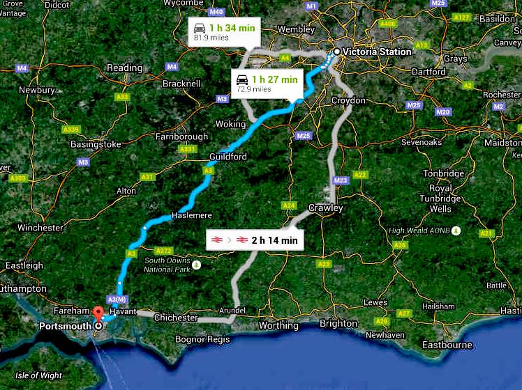 Road and train route map London to Portsmouth