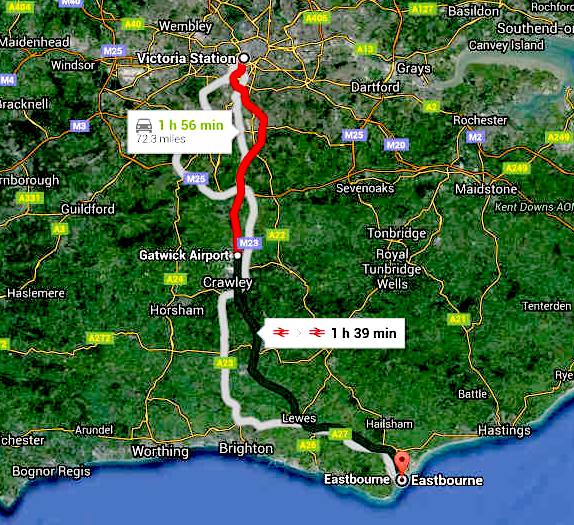 Road route map London to Eastbourne