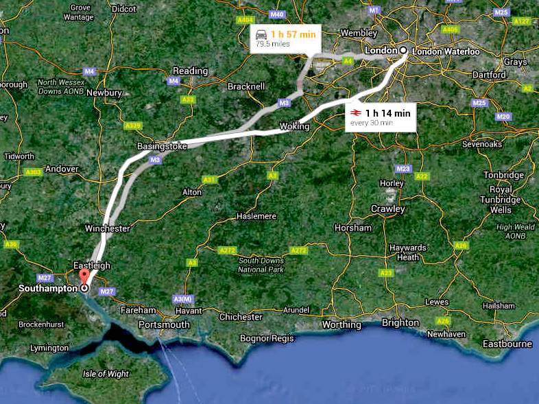 Road and train route map London to Southampton