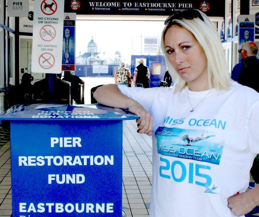 Pier restoration fund collection box at Eastbourne